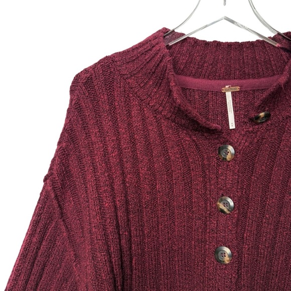 Free People Burgundy Ribbed Chunky Women’s Popover Oversized Henley Sweater Sz M - Picture 2 of 13
